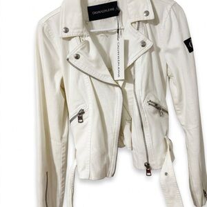 Calvin Klein Jeans Cream White Moto Jacket with Zip Hardware